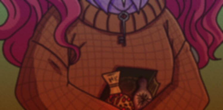Slightly blurred closeup of chibi art by The Chaos Conjurer. Features cozy brown sweater, purple flannel, Marley's key, and an armful of Dark Souls and Elden Ring items.